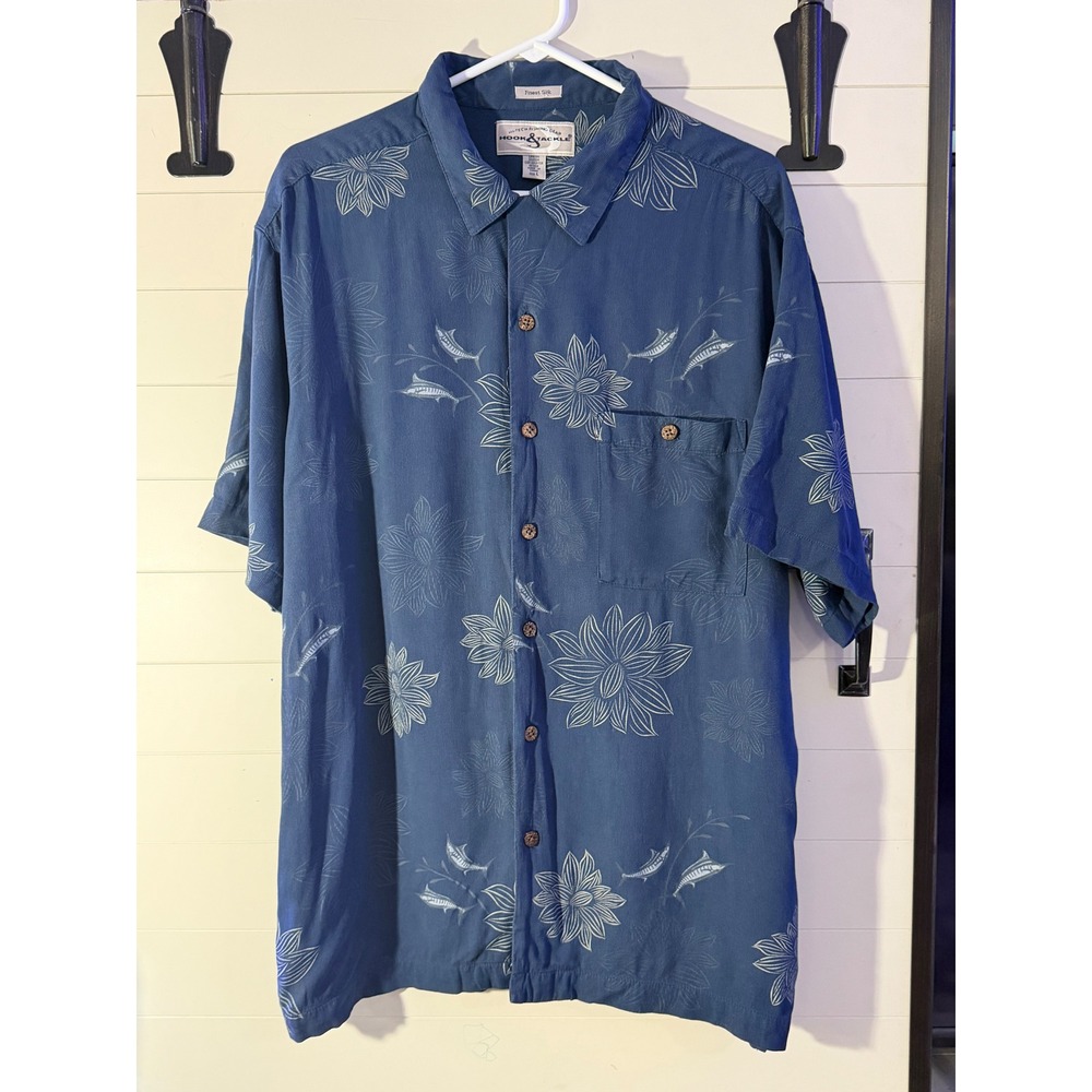 Hook & Tackle Finest Silk Shirt Mens Large Blue Marlin Fish Hawaiian Camp